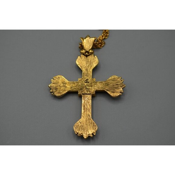 Ciro Thailand Gold Tone Cross Pendant Necklace w/ Green Inlay 19" Chain - Picture 6 of 9